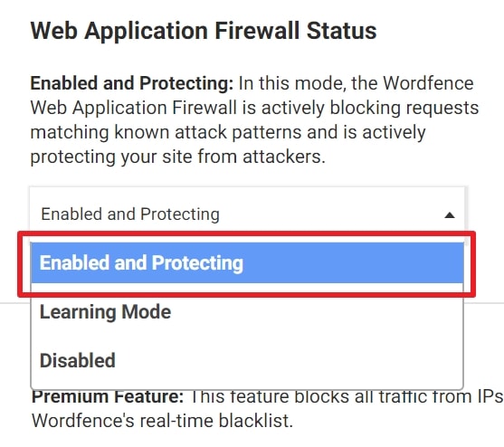 開啟 Wordfence 防火牆的「防護模式」（Enabled and Protecting）